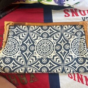 Women’s Donna Dixon Bamboo and Canvas Clutch. Navy and White